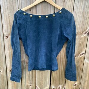 Frankie Amaury Blue Suede Boat Neck 3/4 Sleeve Blouse size P/S